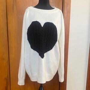 Source Unknown Black Heart Cable Knit Ivory Sweater Scoop Collar